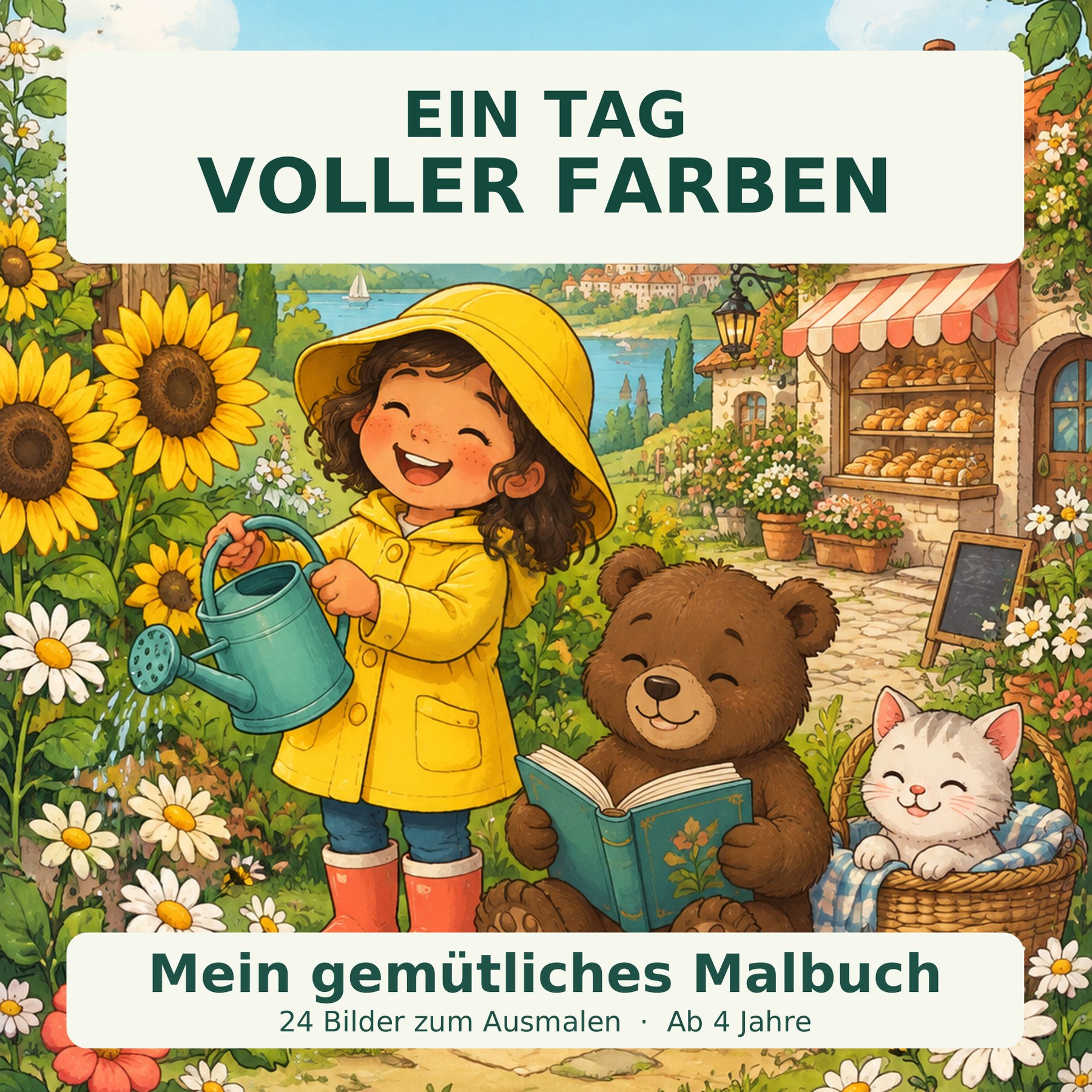 Buntes Titelbild mit Kind, Bär und Katze
